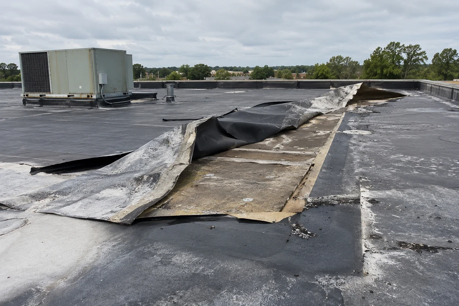 Wind damaged roof membrane in Carrollton, TX